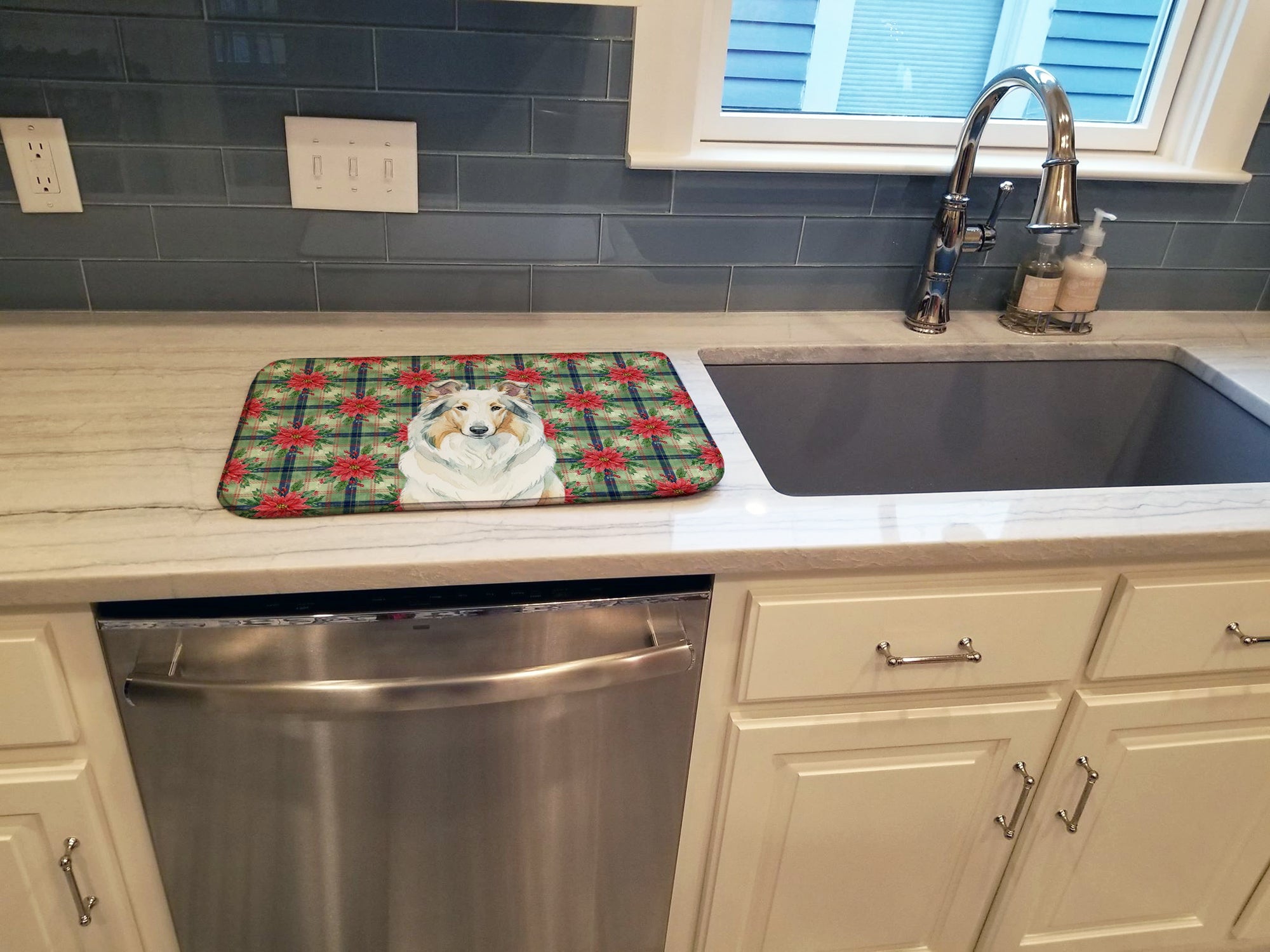 White Collie Christmas PoinsettIas Dish Drying Mat Absorbent Dish Drying Mat Pad for Kitchen Counter Dish Drainer Mat for Countertop, 14 x 21", Multicolor