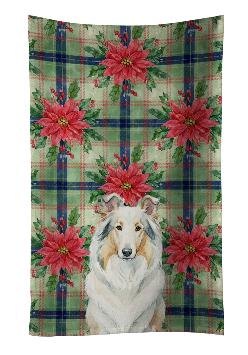 White Collie Christmas PoinsettIas Kitchen Towel Velour Plush Front and Cotton Loop Back Machine Washable