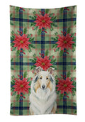 White Collie Christmas PoinsettIas Kitchen Towel Velour Plush Front and Cotton Loop Back Machine Washable
