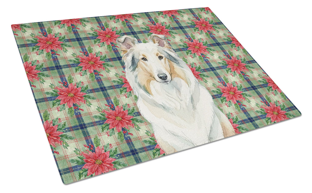 White Collie Christmas PoinsettIas Cutting Board Tempered Glass Kitchen Cutting Surface, Heat Resistant Chopping, Non-Slip Feet, Food Prep & Serving