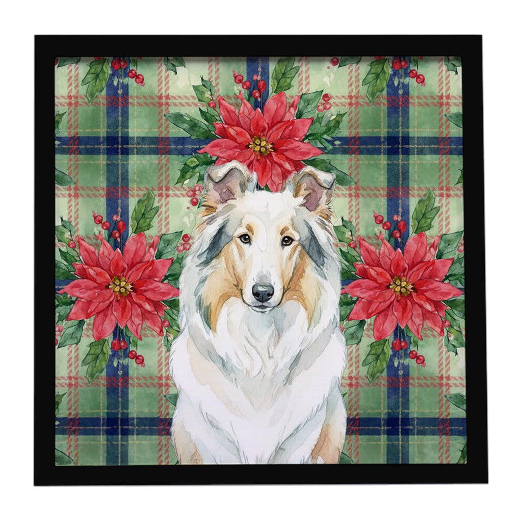 White Collie Christmas PoinsettIas Framed Metal Print Bathroom, Kitchen, Office, Home Decor Wall Art Ready to Hang, Square, 8X8