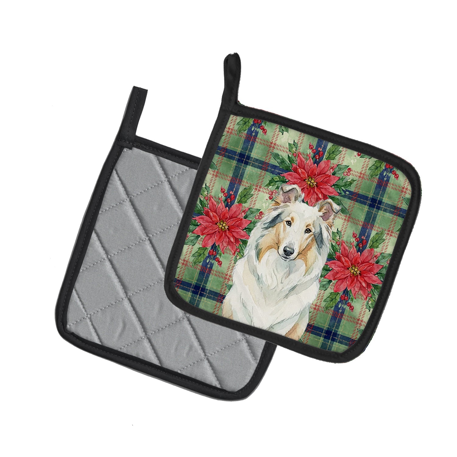 White Collie Christmas PoinsettIas Pot Holder Set of 2 Heat Resistant Quilted Hot Pads 7.5 x 7.5 Inch, Insulated Kitchen Trivets for Cooking & Baking