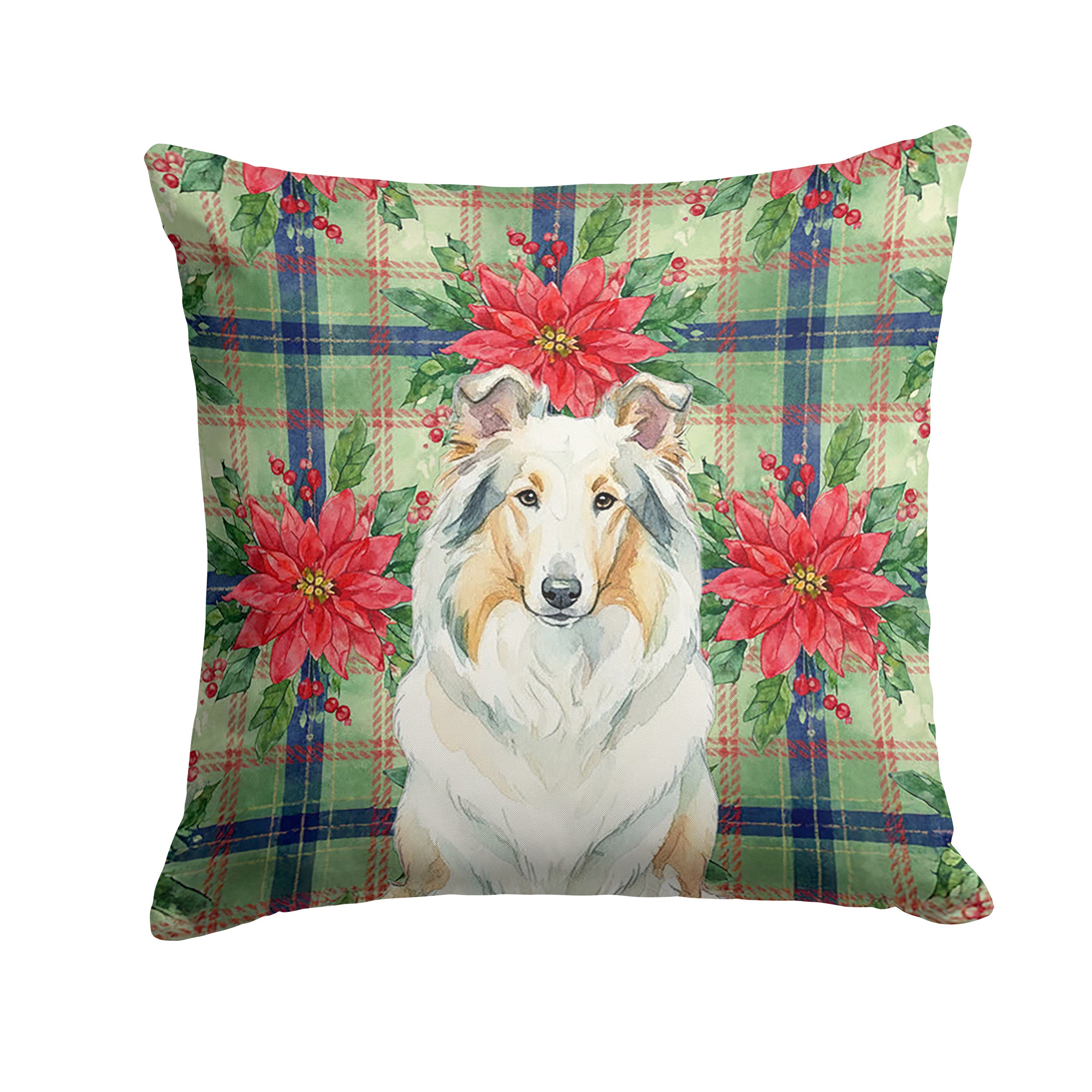 White Collie Christmas PoinsettIas Decorative Throw Pillow 14x14 Indoor Outdoor Accent Cushion, Fabric Cover with Insert for Sofa, Bed, Porch & Living Room