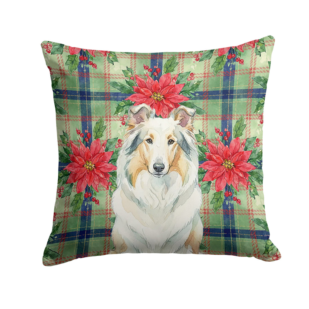 White Collie Christmas PoinsettIas Decorative Throw Pillow 18x18 Indoor Outdoor Accent Cushion, Fabric Cover with Insert for Sofa, Bed, Porch & Living Room
