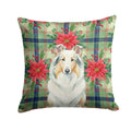 White Collie Christmas PoinsettIas Decorative Throw Pillow 18x18 Indoor Outdoor Accent Cushion, Fabric Cover with Insert for Sofa, Bed, Porch & Living Room