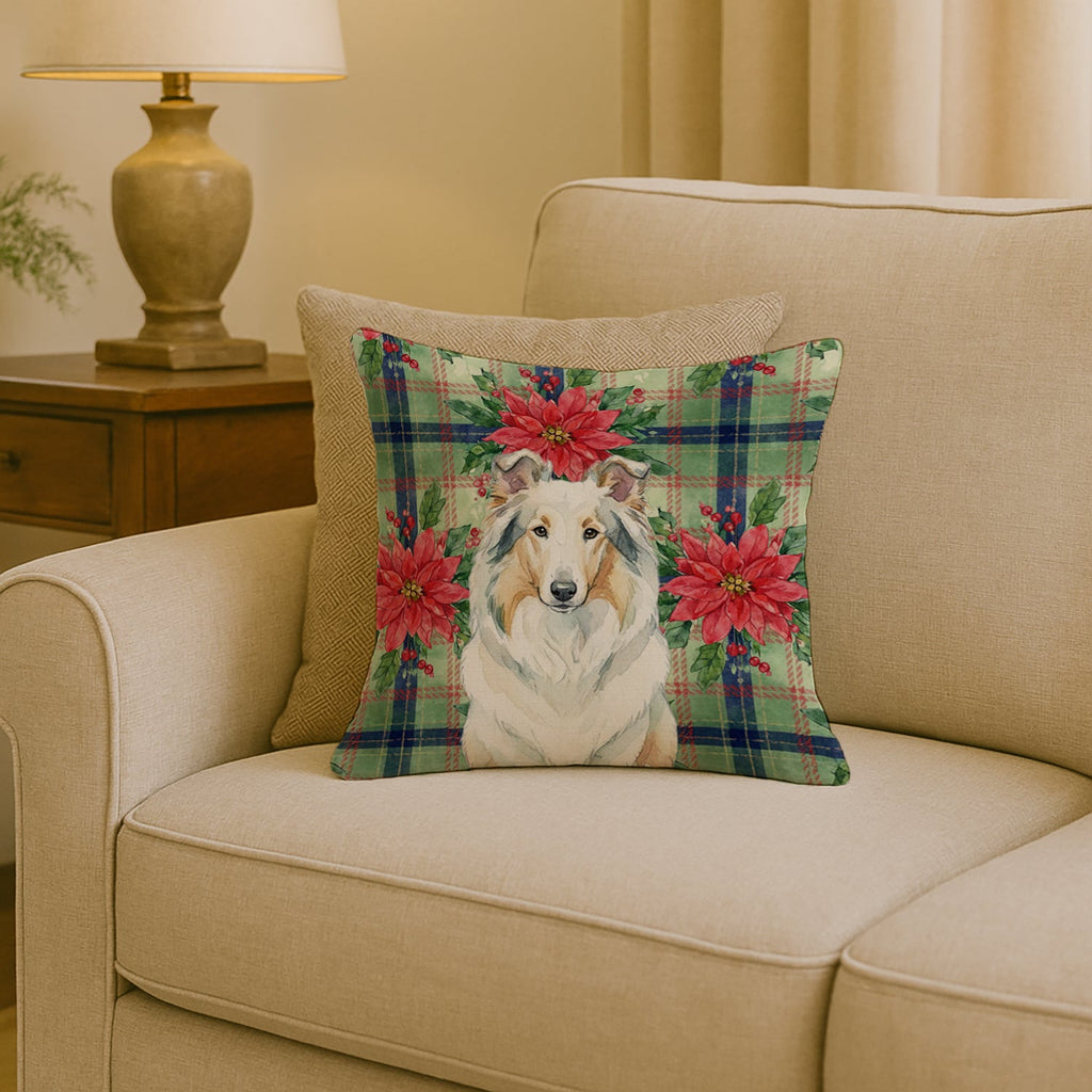White Collie Christmas PoinsettIas Decorative Throw Pillow 18x18 Indoor Outdoor Accent Cushion, Fabric Cover with Insert for Sofa, Bed, Porch & Living Room