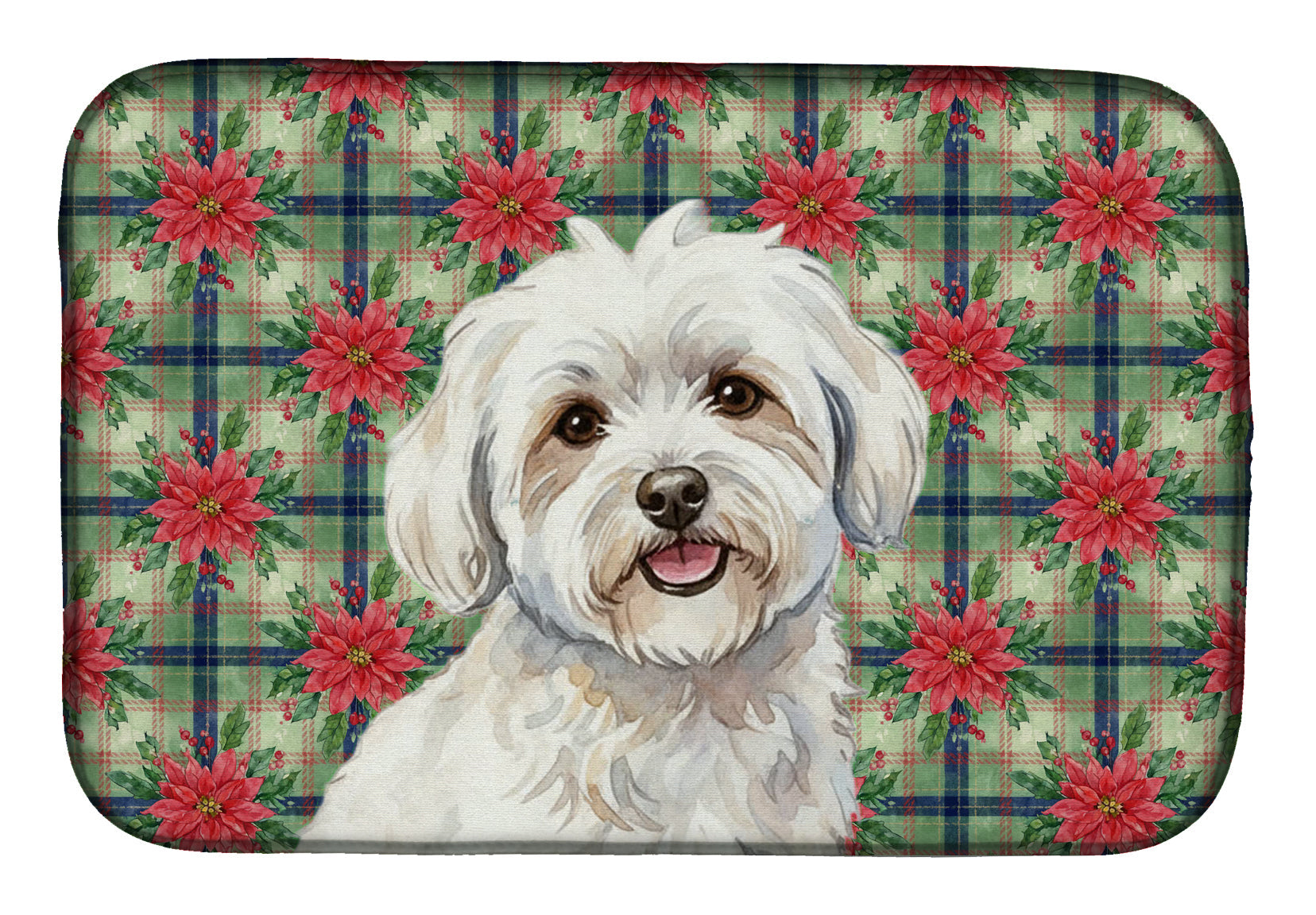 Coton de Tulear Christmas PoinsettIas Dish Drying Mat Absorbent Dish Drying Mat Pad for Kitchen Counter Dish Drainer Mat for Countertop, 14 x 21", Multicolor