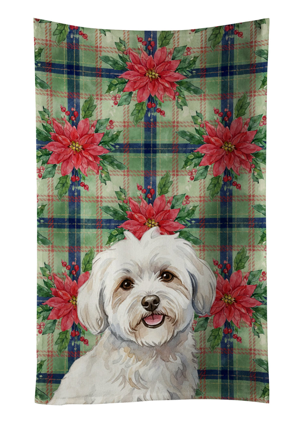 Coton de Tulear Christmas PoinsettIas Kitchen Towel Velour Plush Front and Cotton Loop Back Machine Washable