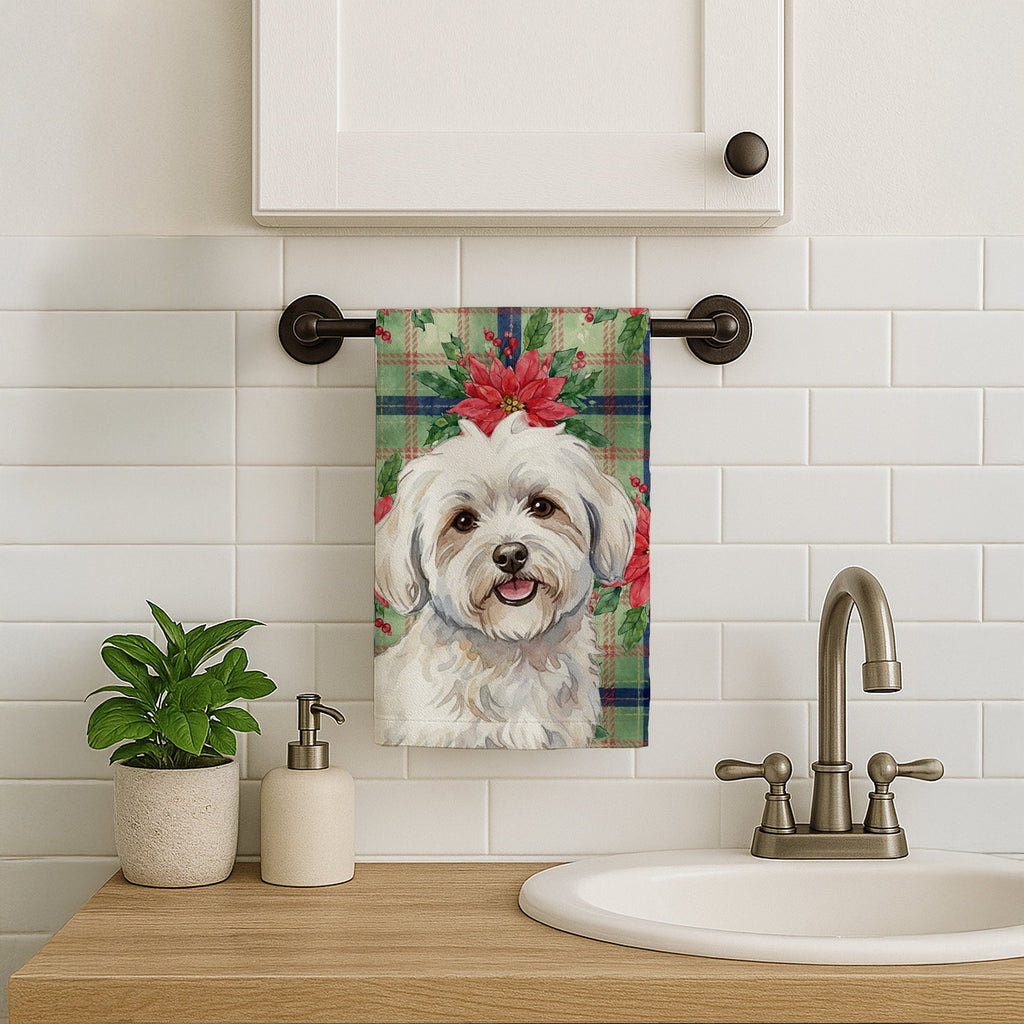 Coton de Tulear Christmas PoinsettIas Kitchen Towel Velour Plush Front and Cotton Loop Back Machine Washable
