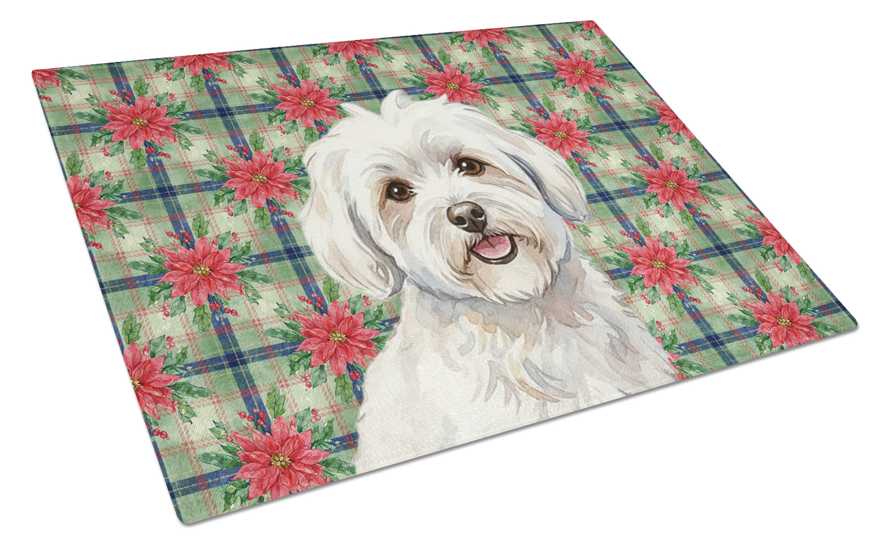 Coton de Tulear Christmas PoinsettIas Cutting Board Tempered Glass Kitchen Cutting Surface, Heat Resistant Chopping, Non-Slip Feet, Food Prep & Serving