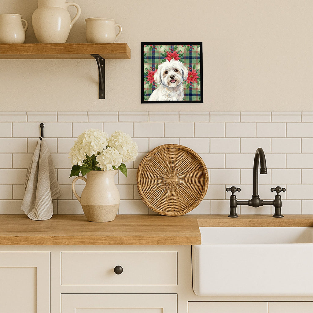 Coton de Tulear Christmas PoinsettIas Framed Metal Print Bathroom, Kitchen, Office, Home Decor Wall Art Ready to Hang, Square, 8X8