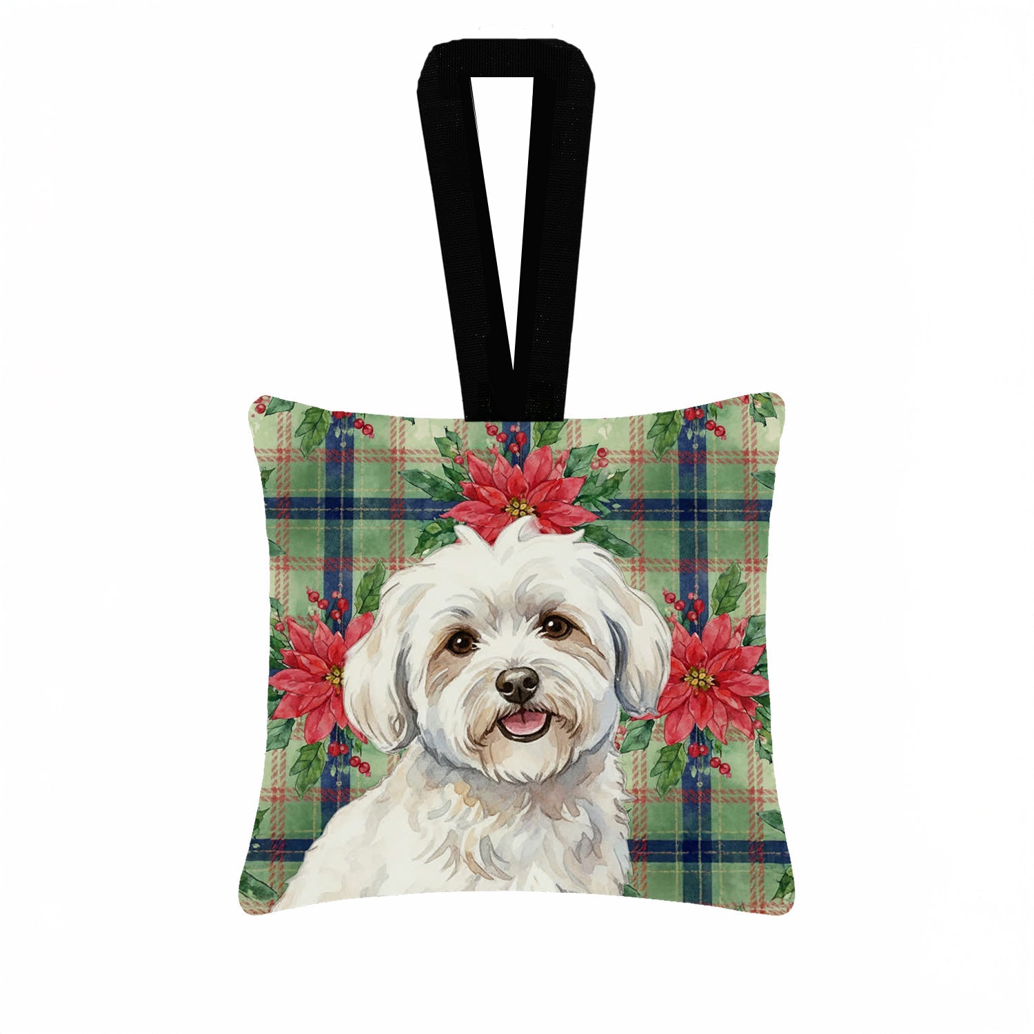 Coton de Tulear Christmas PoinsettIas Hanging Square Fabric Ornament 3.5 � 3.5 Decorative Door-Knob & Tree Hanger, Soft Fabric