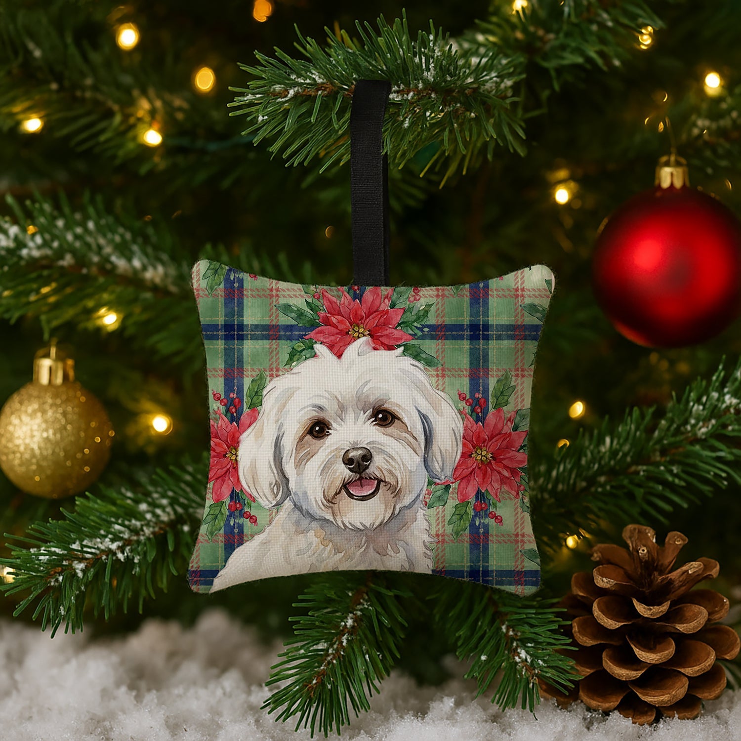 Coton de Tulear Christmas PoinsettIas Hanging Square Fabric Ornament 3.5 � 3.5 Decorative Door-Knob & Tree Hanger, Soft Fabric