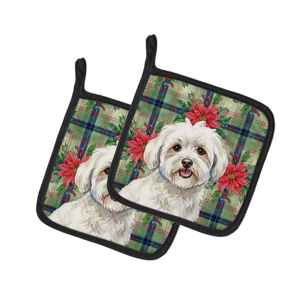 Coton de Tulear Christmas PoinsettIas Pot Holder Set of 2 Heat Resistant Quilted Hot Pads 7.5 x 7.5 Inch, Insulated Kitchen Trivets for Cooking & Baking