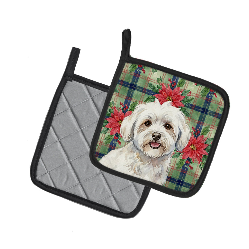 Coton de Tulear Christmas PoinsettIas Pot Holder Set of 2 Heat Resistant Quilted Hot Pads 7.5 x 7.5 Inch, Insulated Kitchen Trivets for Cooking & Baking