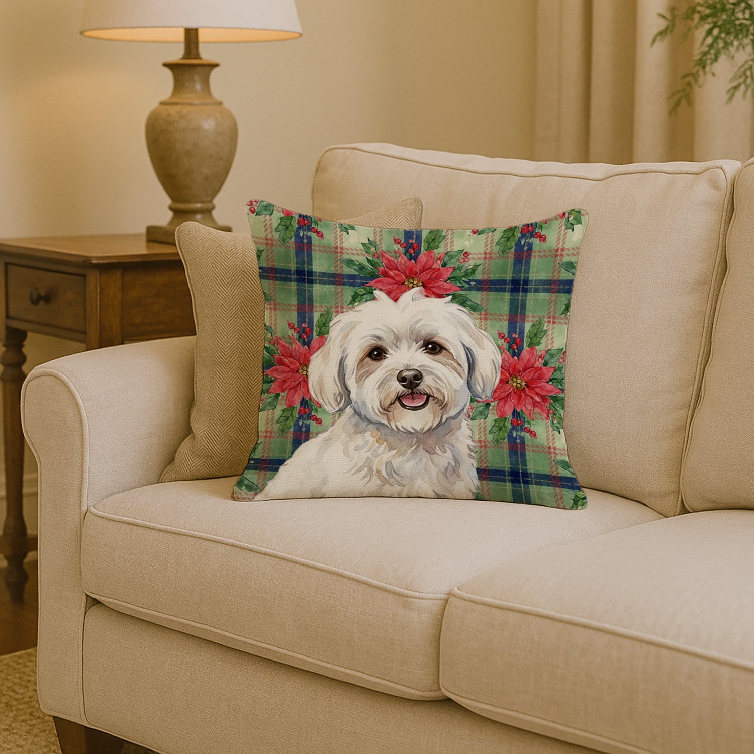 Coton de Tulear Christmas PoinsettIas Decorative Throw Pillow 14x14 Indoor Outdoor Accent Cushion, Fabric Cover with Insert for Sofa, Bed, Porch & Living Room