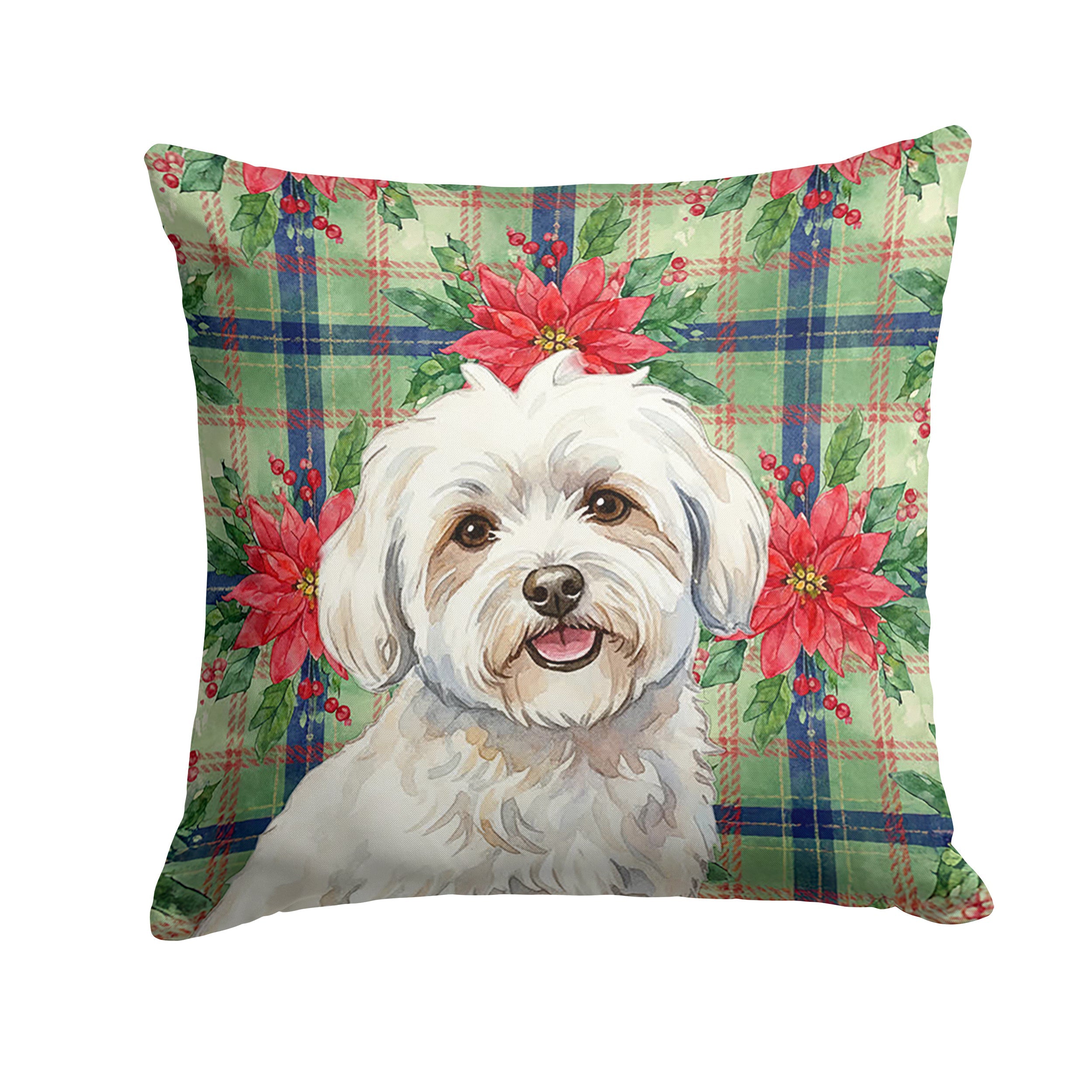 Coton de Tulear Christmas PoinsettIas Decorative Throw Pillow 18x18 Indoor Outdoor Accent Cushion, Fabric Cover with Insert for Sofa, Bed, Porch & Living Room