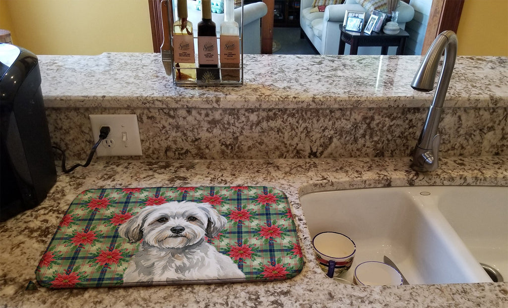 White with Gray Coton de Tulear Christmas PoinsettIas Dish Drying Mat Absorbent Dish Drying Mat Pad for Kitchen Counter Dish Drainer Mat for Countertop, 14 x 21", Multicolor