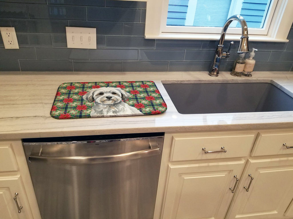 White with Gray Coton de Tulear Christmas PoinsettIas Dish Drying Mat Absorbent Dish Drying Mat Pad for Kitchen Counter Dish Drainer Mat for Countertop, 14 x 21", Multicolor
