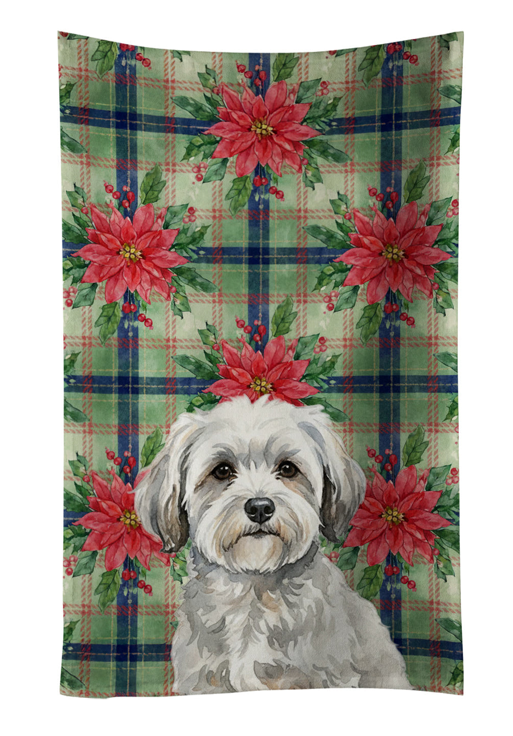 White with Gray Coton de Tulear Christmas PoinsettIas Kitchen Towel Velour Plush Front and Cotton Loop Back Machine Washable