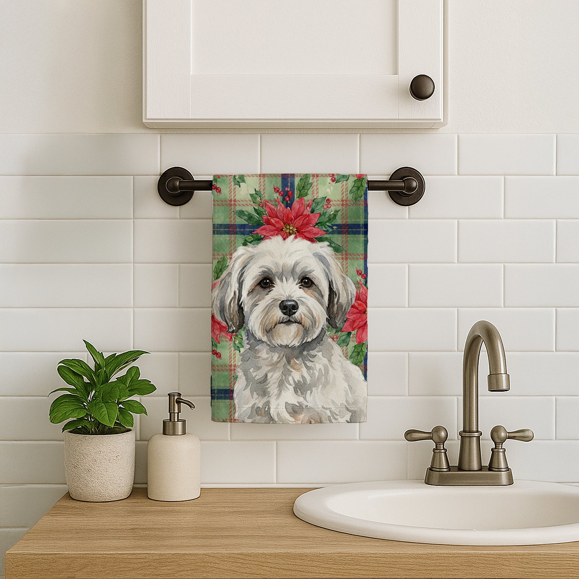 White with Gray Coton de Tulear Christmas PoinsettIas Kitchen Towel Velour Plush Front and Cotton Loop Back Machine Washable