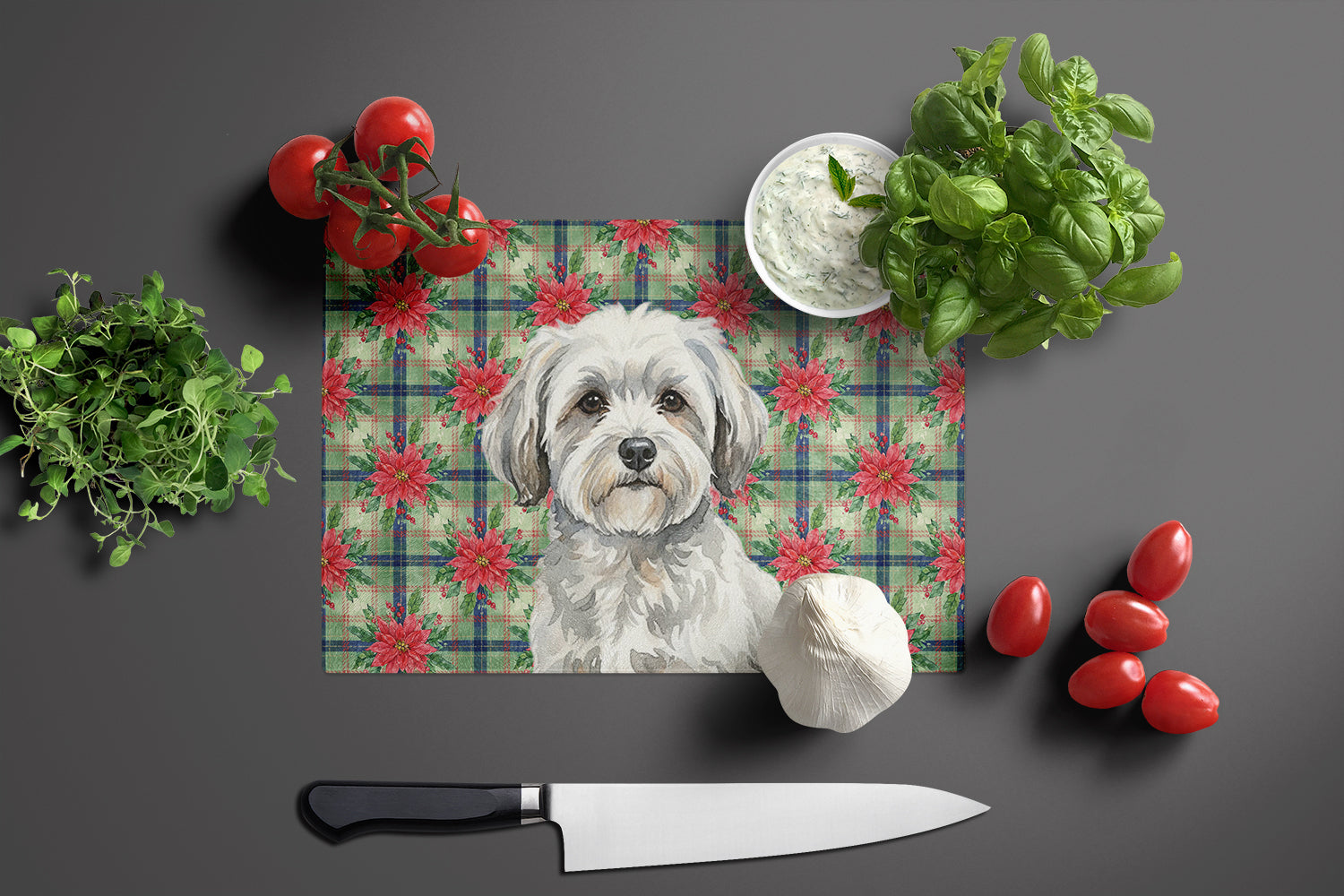 White with Gray Coton de Tulear Christmas PoinsettIas Cutting Board Tempered Glass Kitchen Cutting Surface, Heat Resistant Chopping, Non-Slip Feet, Food Prep & Serving