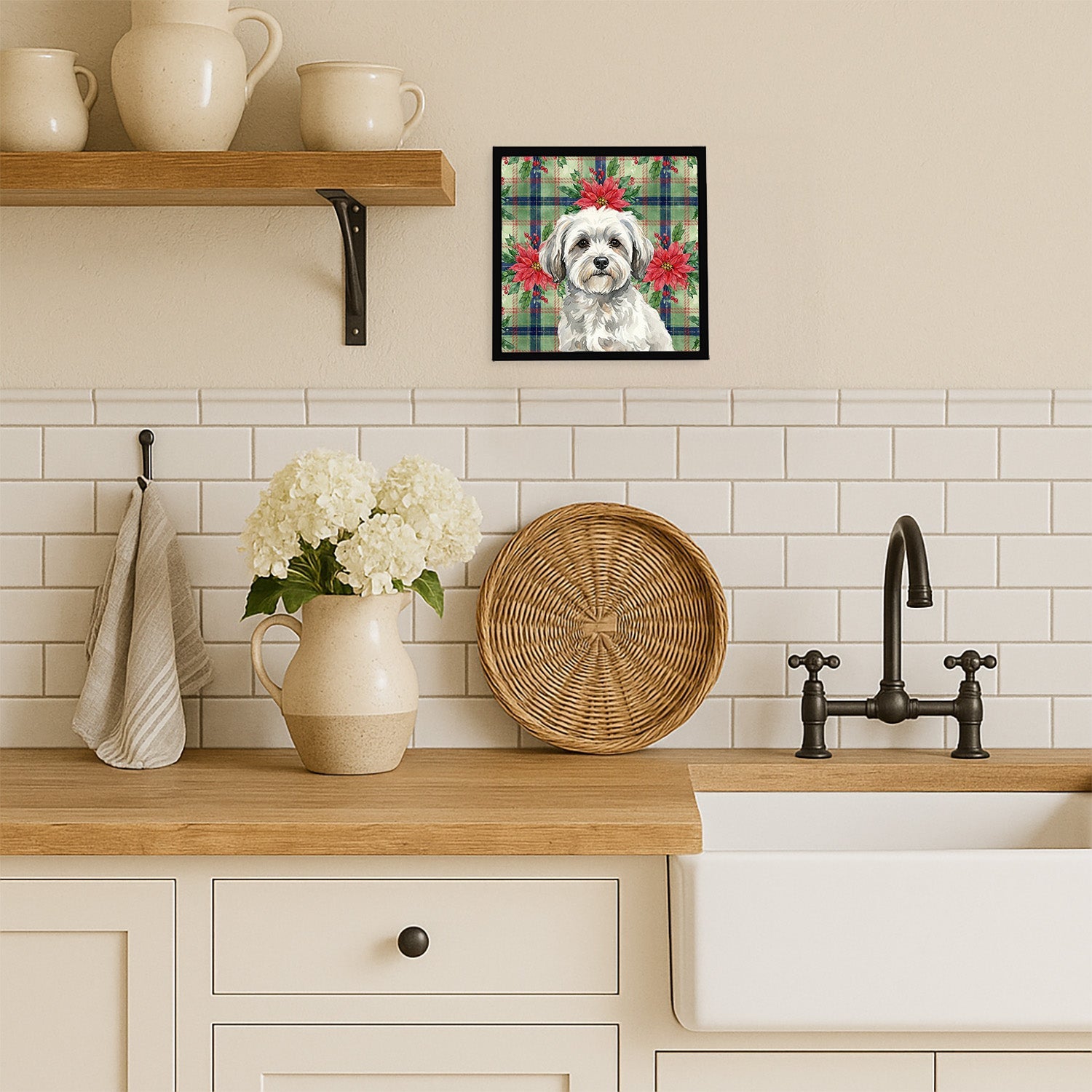 White with Gray Coton de Tulear Christmas PoinsettIas Framed Metal Print Bathroom, Kitchen, Office, Home Decor Wall Art Ready to Hang, Square, 8X8