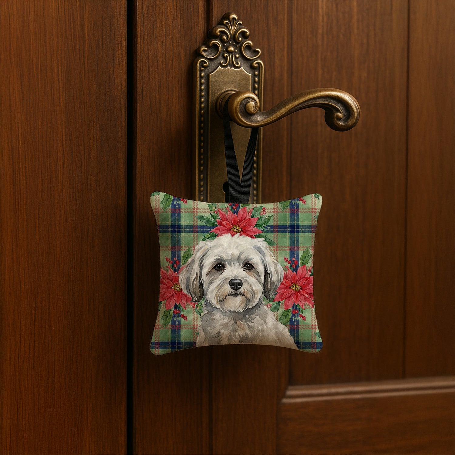 White with Gray Coton de Tulear Christmas PoinsettIas Hanging Square Fabric Ornament 3.5 � 3.5 Decorative Door-Knob & Tree Hanger, Soft Fabric