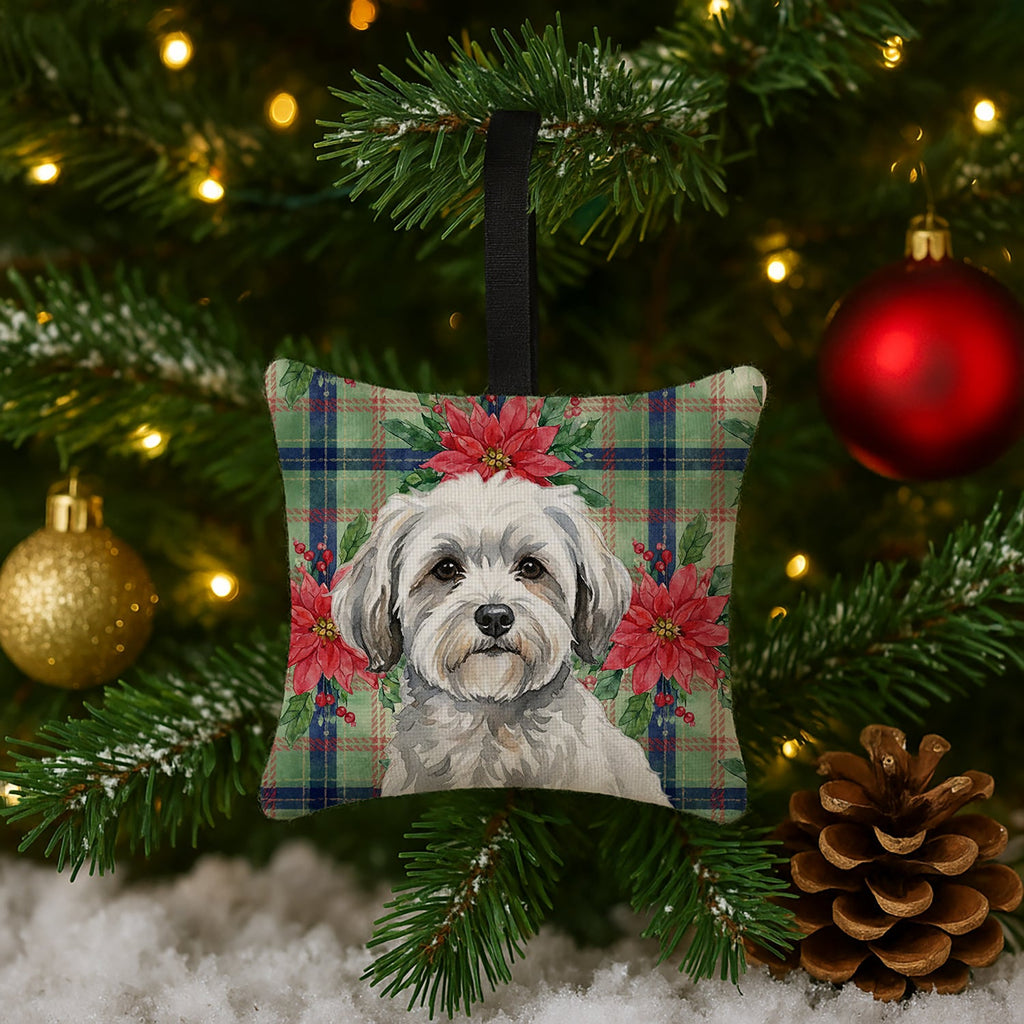 White with Gray Coton de Tulear Christmas PoinsettIas Hanging Square Fabric Ornament 3.5 � 3.5 Decorative Door-Knob & Tree Hanger, Soft Fabric