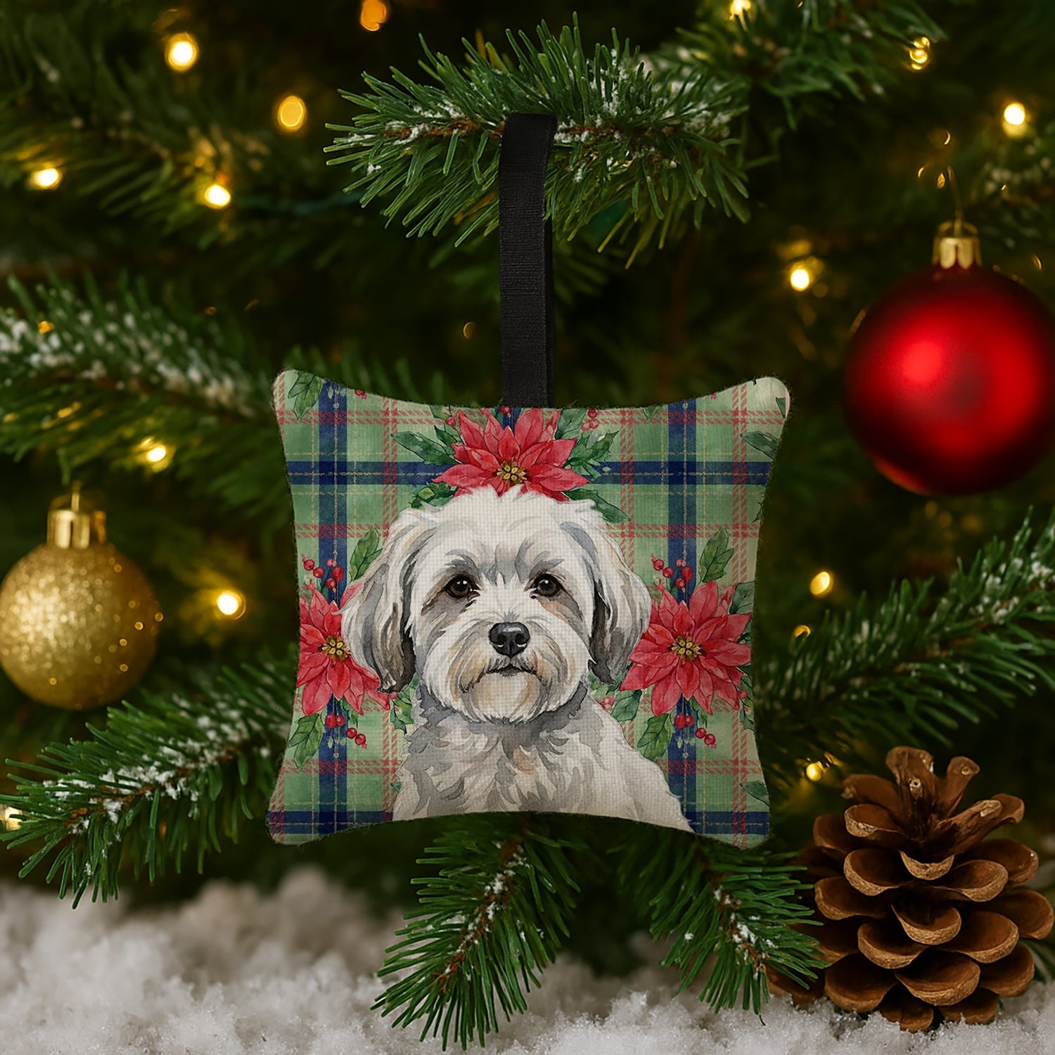 White with Gray Coton de Tulear Christmas PoinsettIas Hanging Square Fabric Ornament 3.5 � 3.5 Decorative Door-Knob & Tree Hanger, Soft Fabric