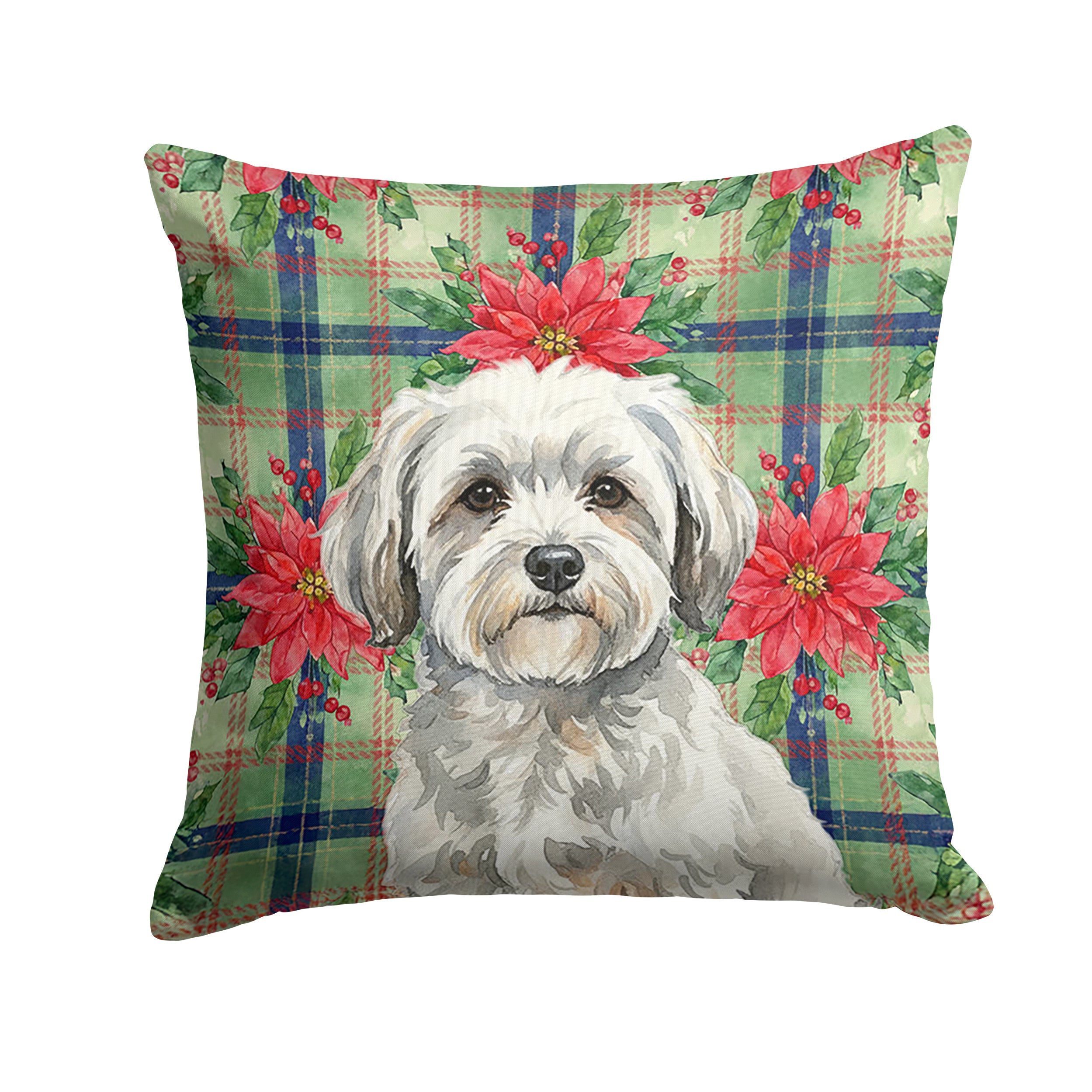 White with Gray Coton de Tulear Christmas PoinsettIas Decorative Throw Pillow 14x14 Indoor Outdoor Accent Cushion, Fabric Cover with Insert for Sofa, Bed, Porch & Living Room