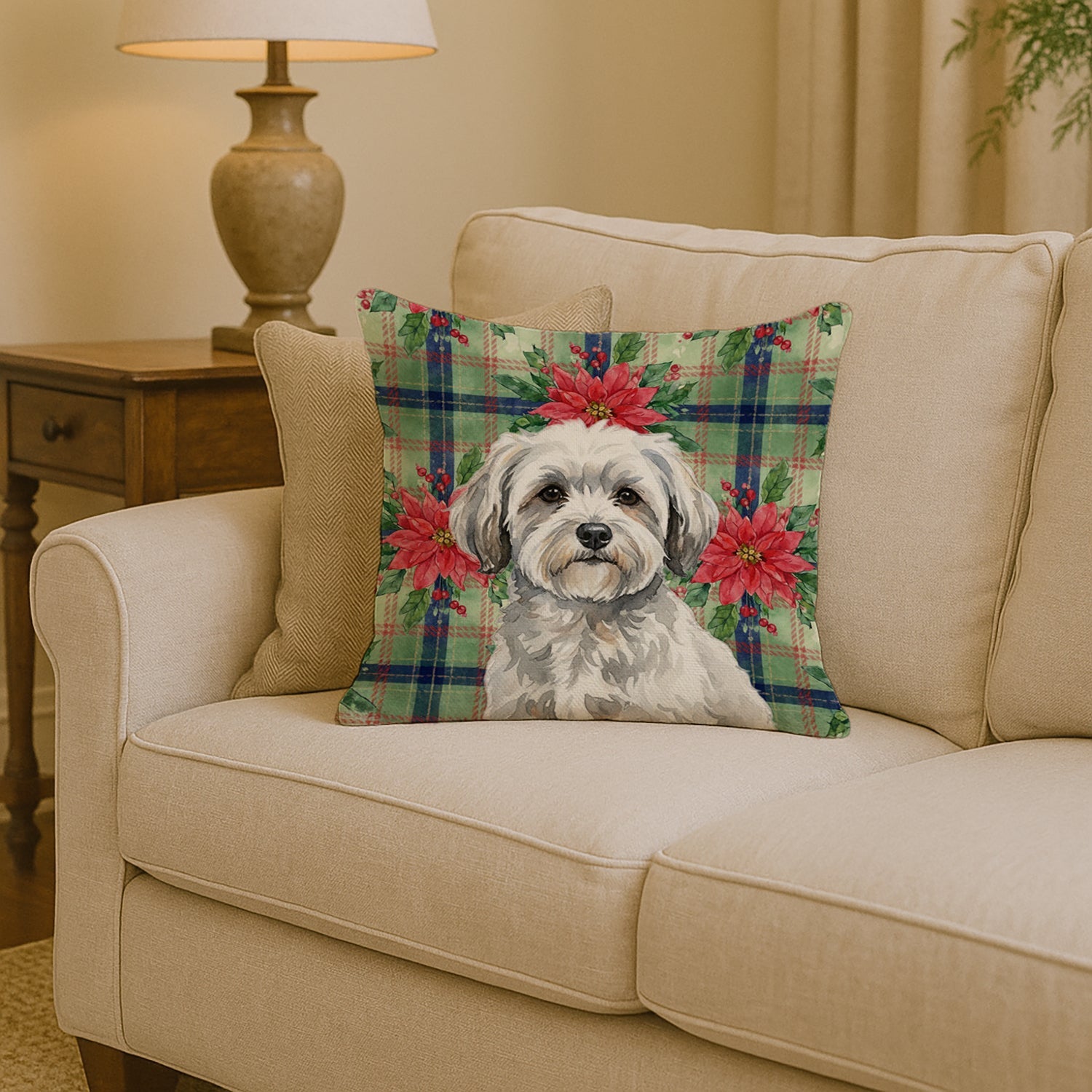 White with Gray Coton de Tulear Christmas PoinsettIas Decorative Throw Pillow 14x14 Indoor Outdoor Accent Cushion, Fabric Cover with Insert for Sofa, Bed, Porch & Living Room