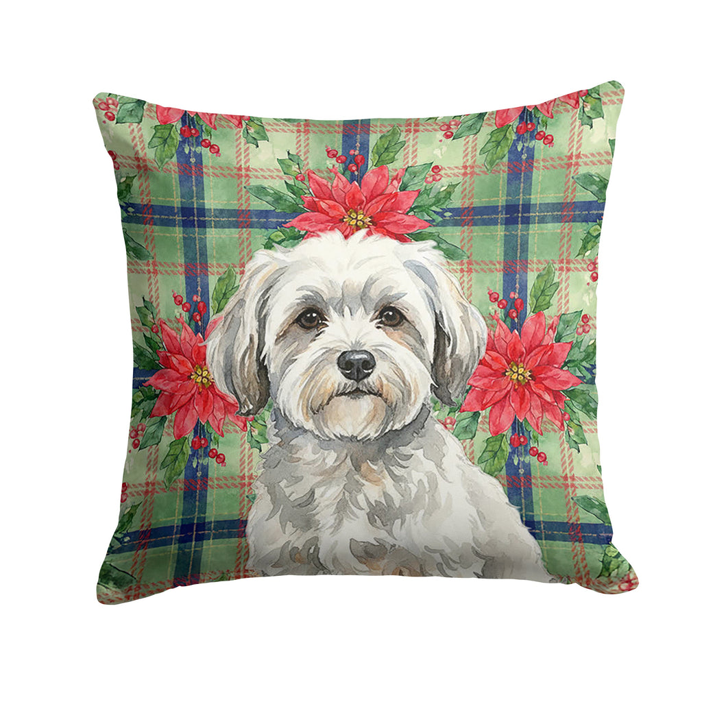 White with Gray Coton de Tulear Christmas PoinsettIas Decorative Throw Pillow 18x18 Indoor Outdoor Accent Cushion, Fabric Cover with Insert for Sofa, Bed, Porch & Living Room