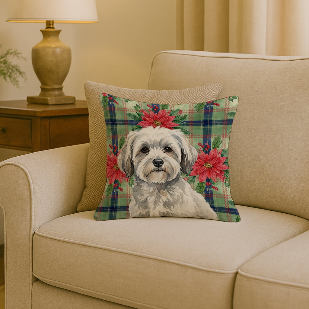 White with Gray Coton de Tulear Christmas PoinsettIas Decorative Throw Pillow 18x18 Indoor Outdoor Accent Cushion, Fabric Cover with Insert for Sofa, Bed, Porch & Living Room