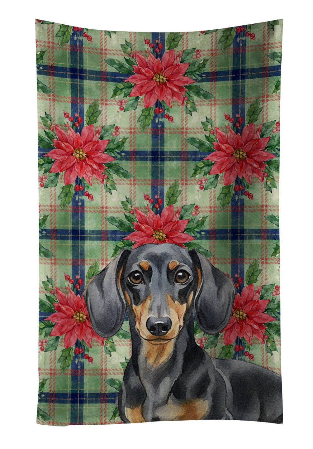 Black and Tan Dachshund Christmas PoinsettIas Kitchen Towel Velour Plush Front and Cotton Loop Back Machine Washable