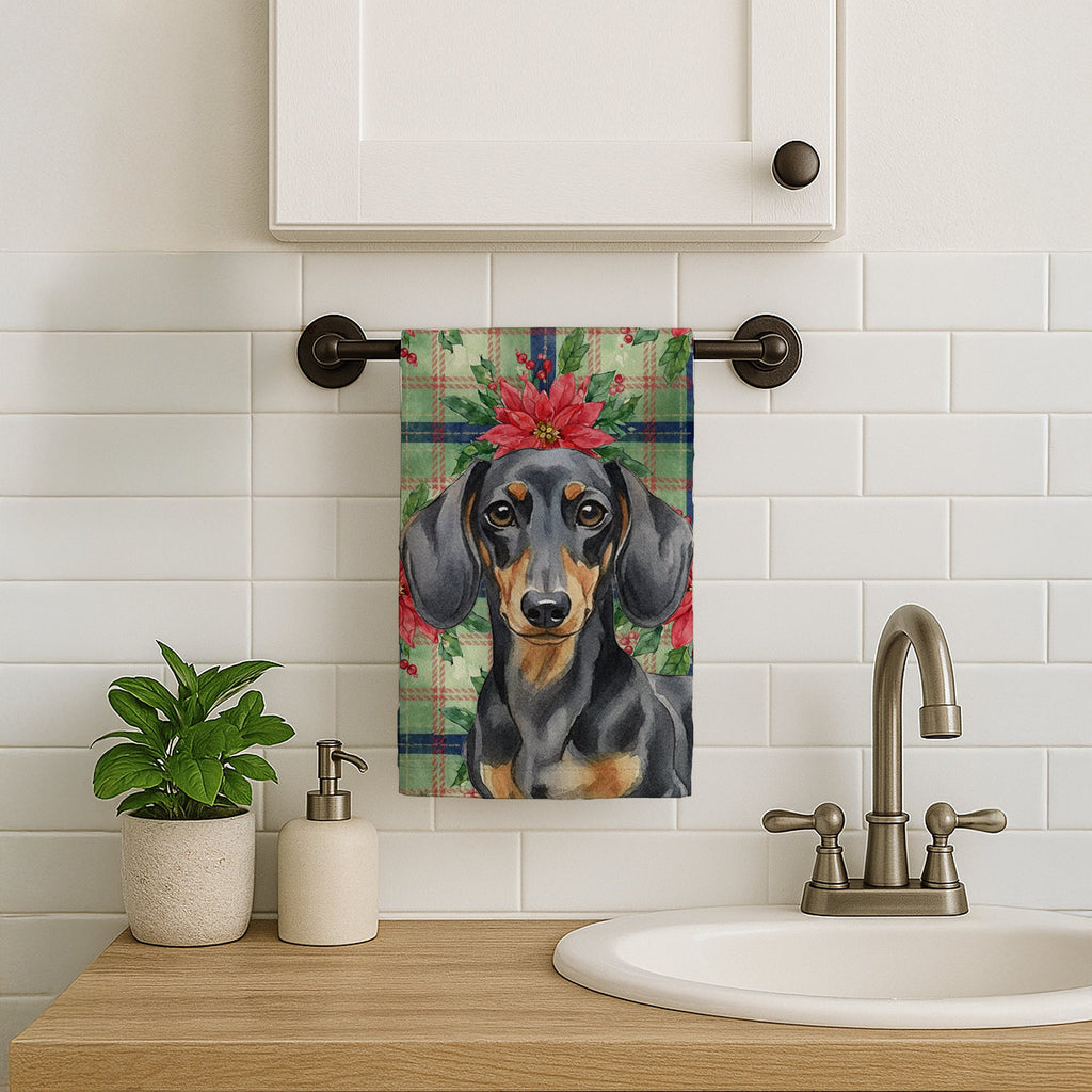 Black and Tan Dachshund Christmas PoinsettIas Kitchen Towel Velour Plush Front and Cotton Loop Back Machine Washable