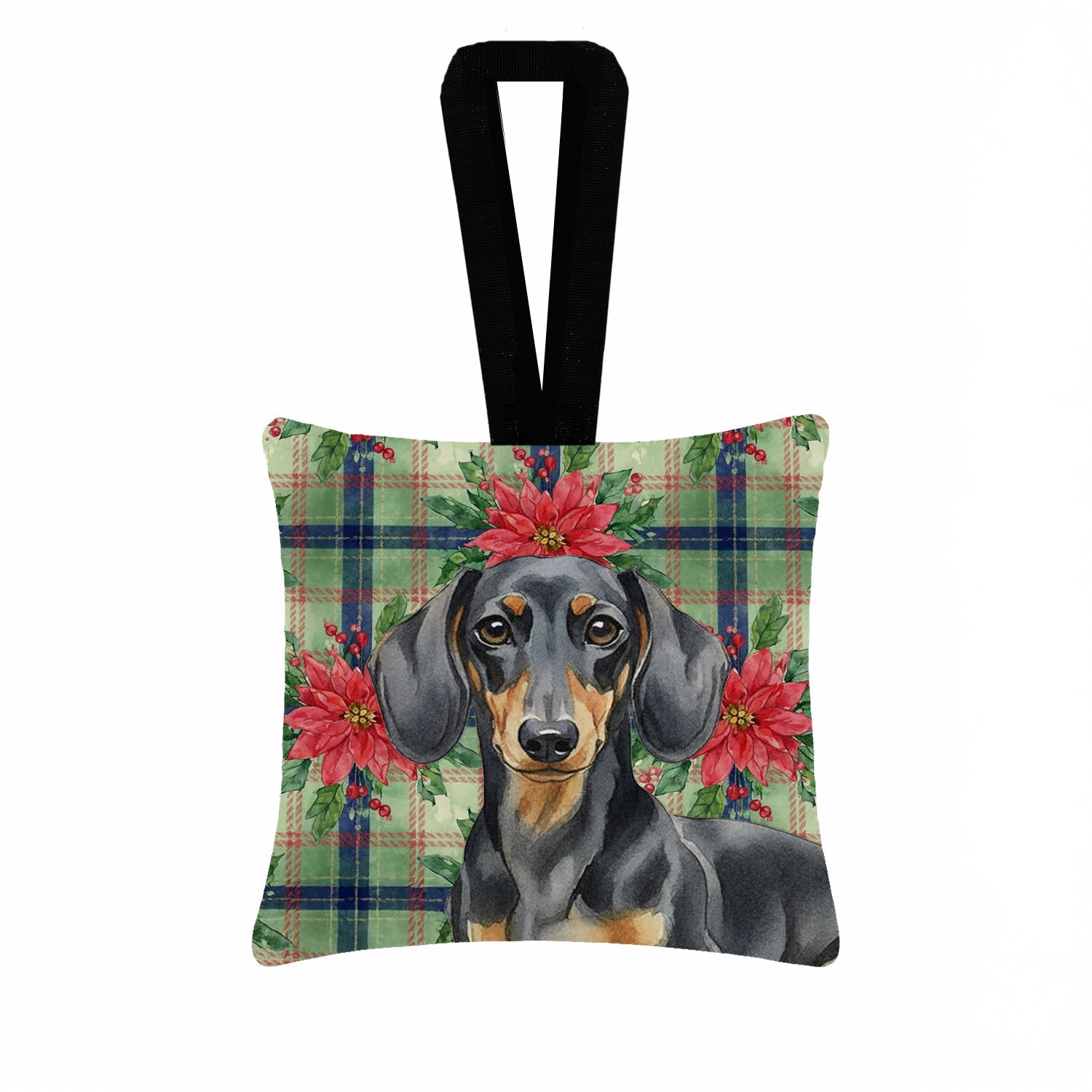 Black and Tan Dachshund Christmas PoinsettIas Hanging Square Fabric Ornament 3.5 � 3.5 Decorative Door-Knob & Tree Hanger, Soft Fabric
