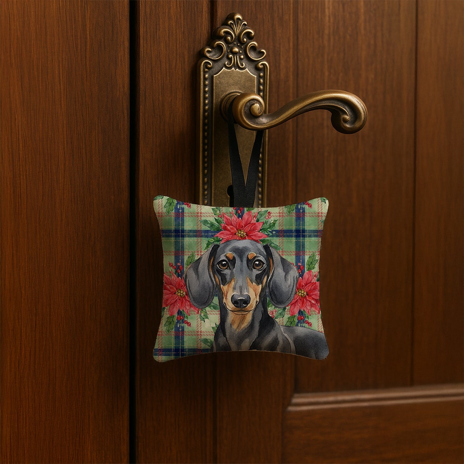Black and Tan Dachshund Christmas PoinsettIas Hanging Square Fabric Ornament 3.5 � 3.5 Decorative Door-Knob & Tree Hanger, Soft Fabric