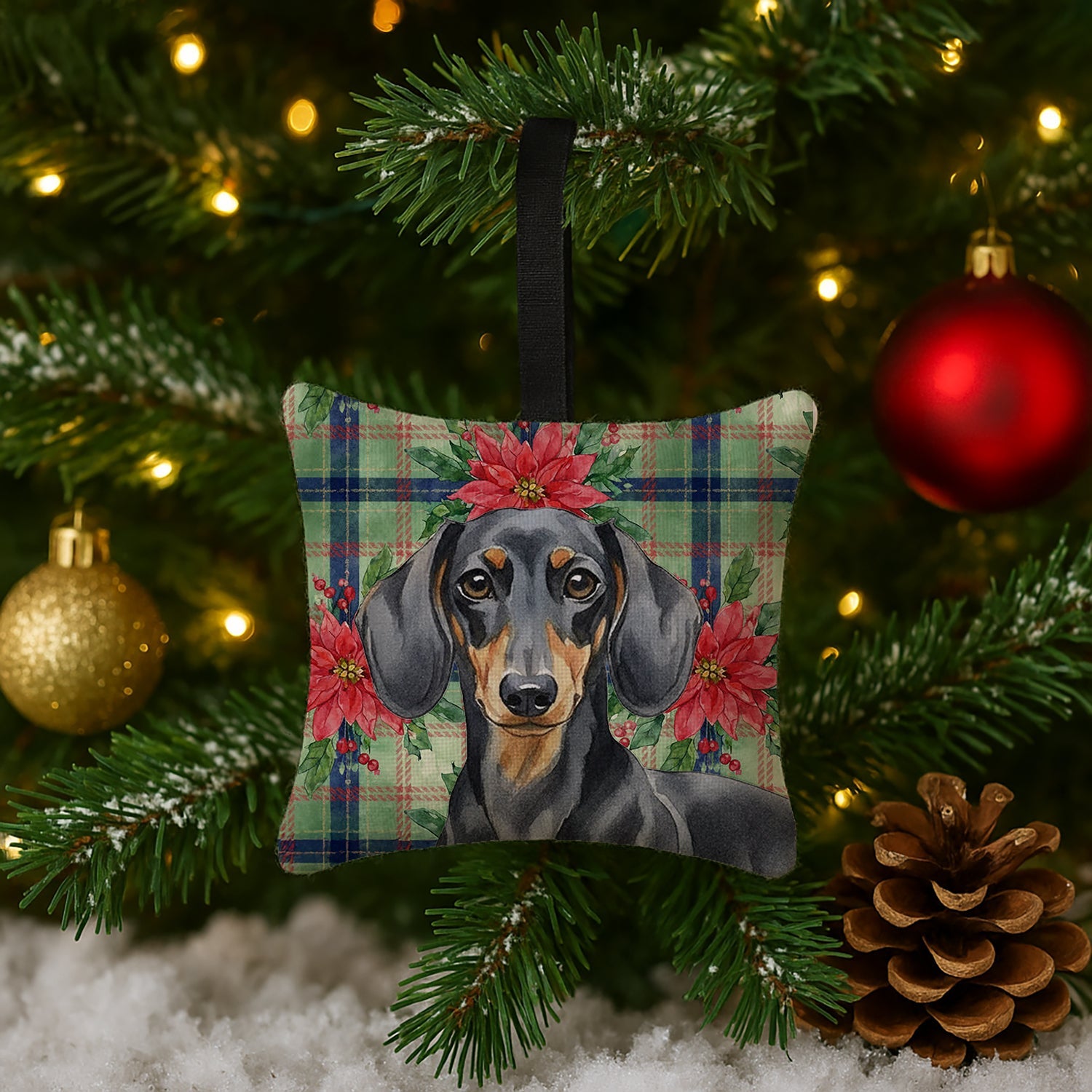 Black and Tan Dachshund Christmas PoinsettIas Hanging Square Fabric Ornament 3.5 � 3.5 Decorative Door-Knob & Tree Hanger, Soft Fabric