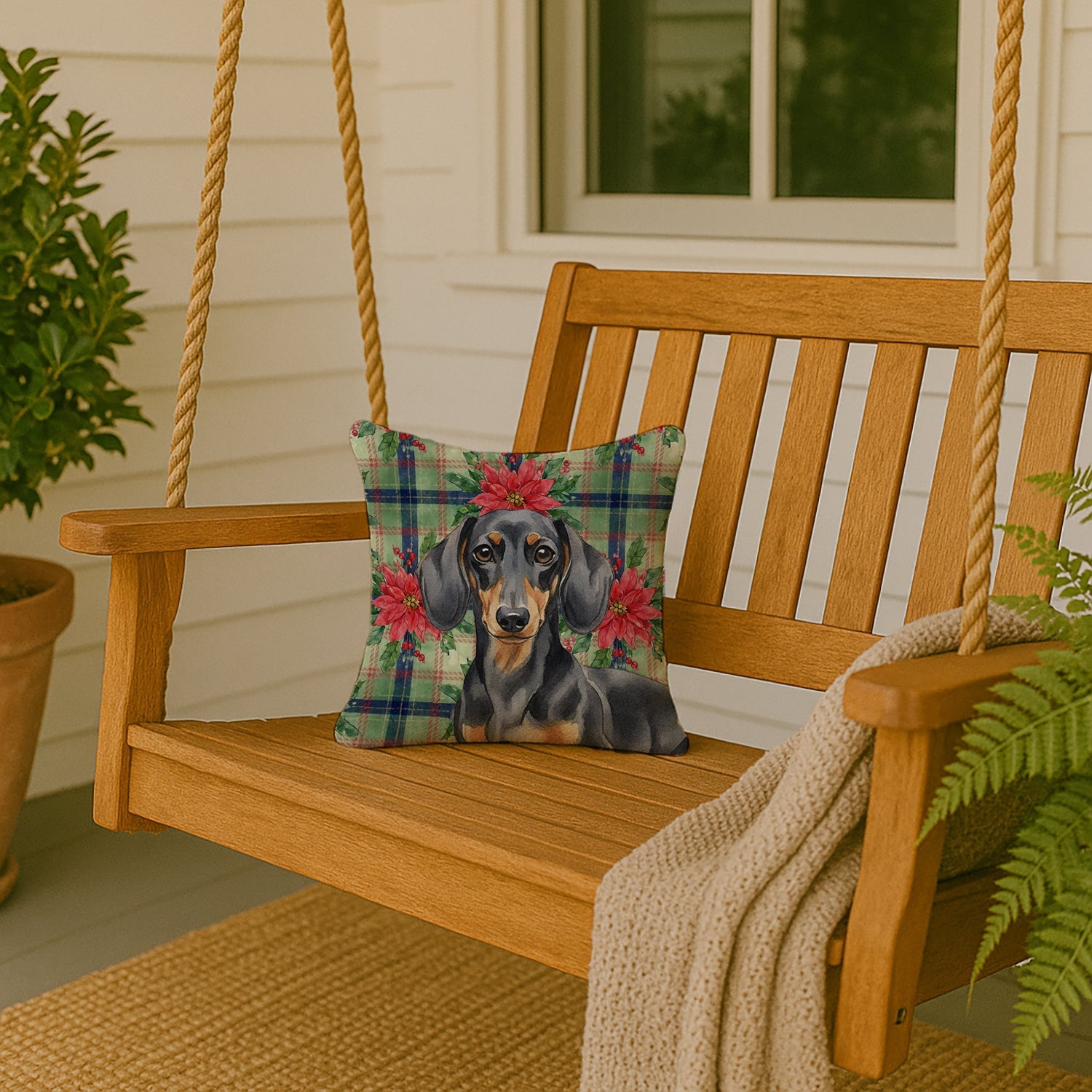 Black and Tan Dachshund Christmas PoinsettIas Decorative Throw Pillow 14x14 Indoor Outdoor Accent Cushion, Fabric Cover with Insert for Sofa, Bed, Porch & Living Room