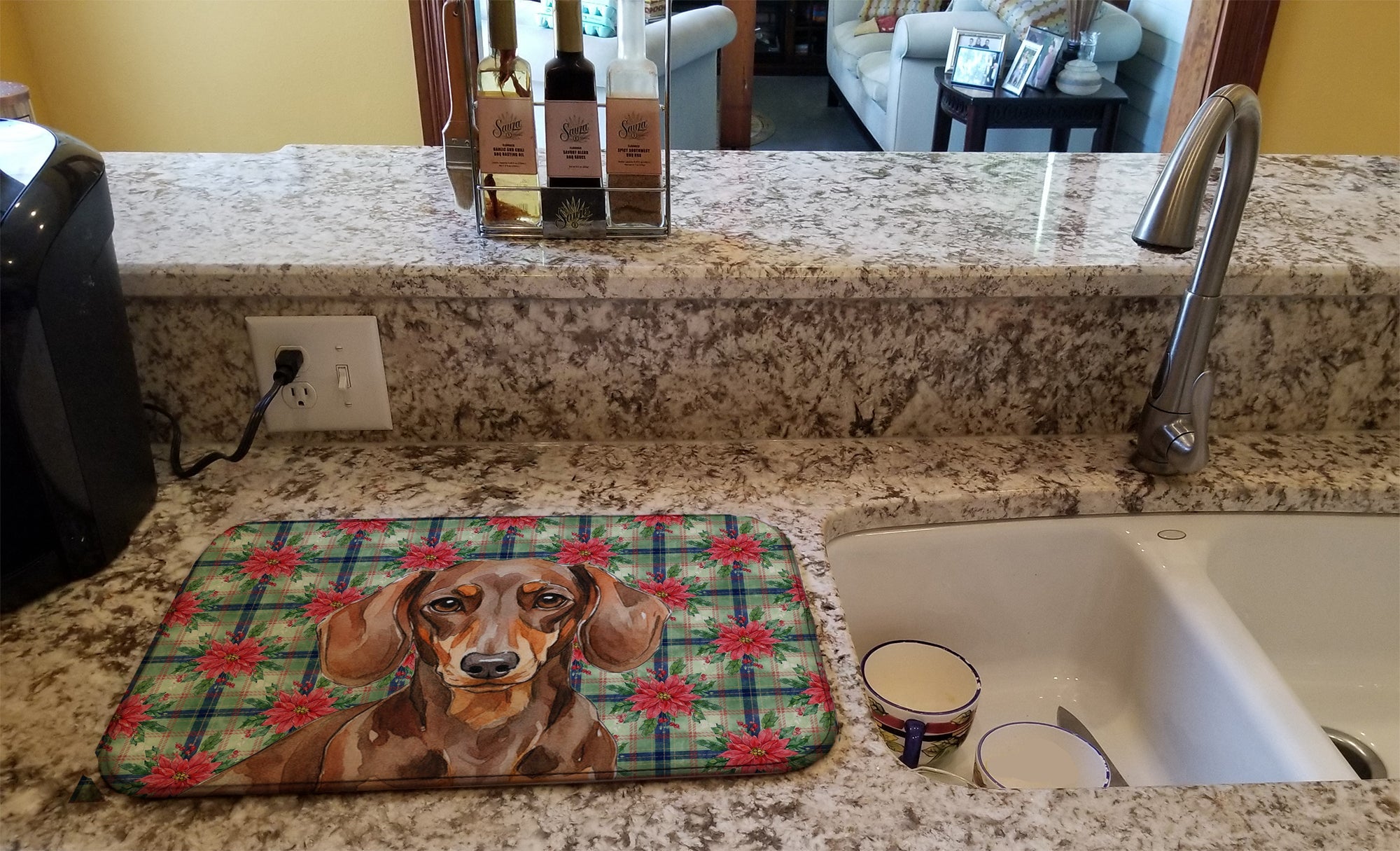 Chocolate and Tan Dachshund Christmas PoinsettIas Dish Drying Mat Absorbent Dish Drying Mat Pad for Kitchen Counter Dish Drainer Mat for Countertop, 14 x 21", Multicolor