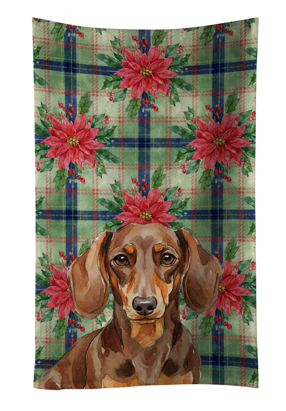 Chocolate and Tan Dachshund Christmas PoinsettIas Kitchen Towel Velour Plush Front and Cotton Loop Back Machine Washable
