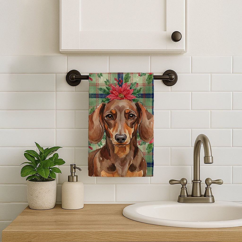 Chocolate and Tan Dachshund Christmas PoinsettIas Kitchen Towel Velour Plush Front and Cotton Loop Back Machine Washable