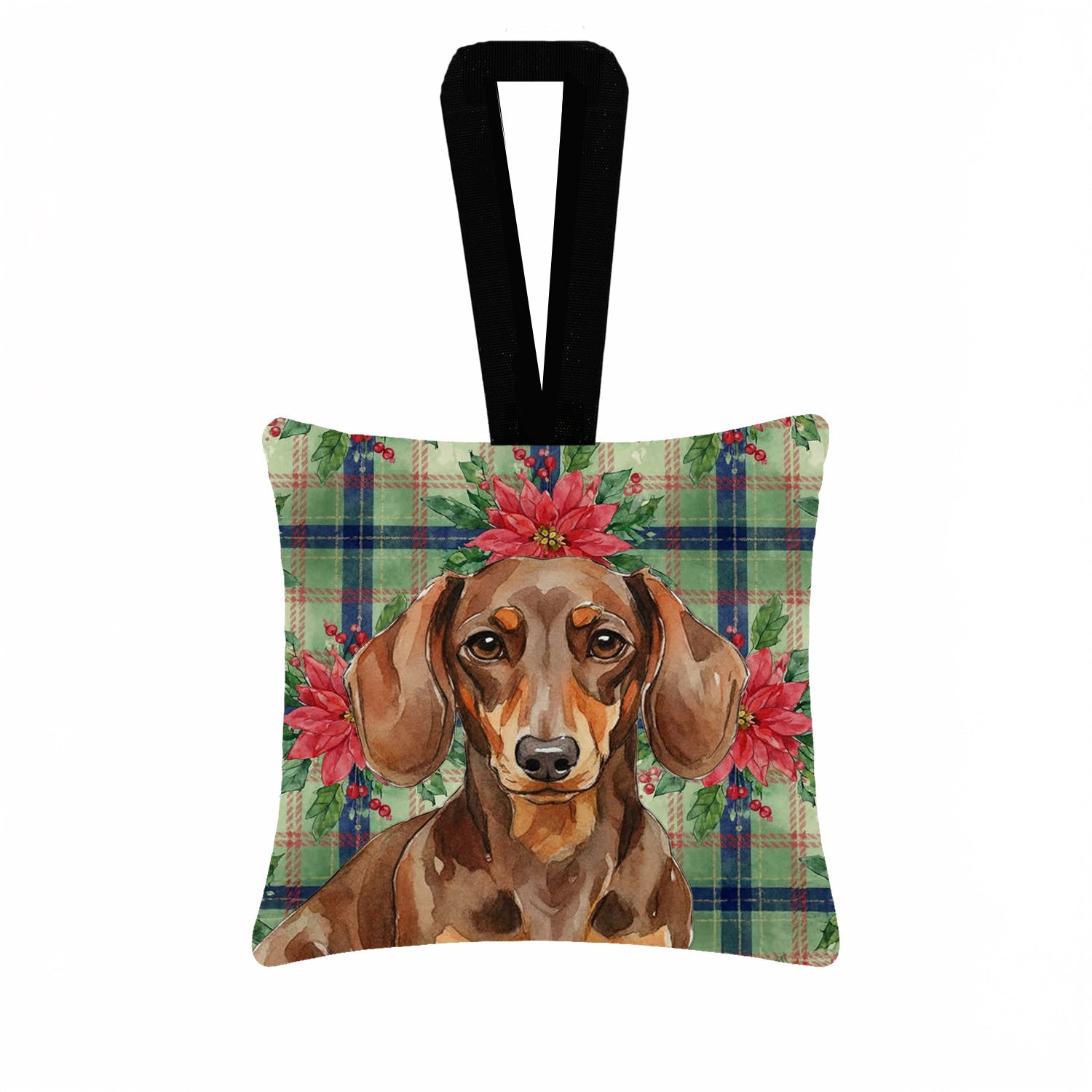 Chocolate and Tan Dachshund Christmas PoinsettIas Hanging Square Fabric Ornament 3.5 � 3.5 Decorative Door-Knob & Tree Hanger, Soft Fabric
