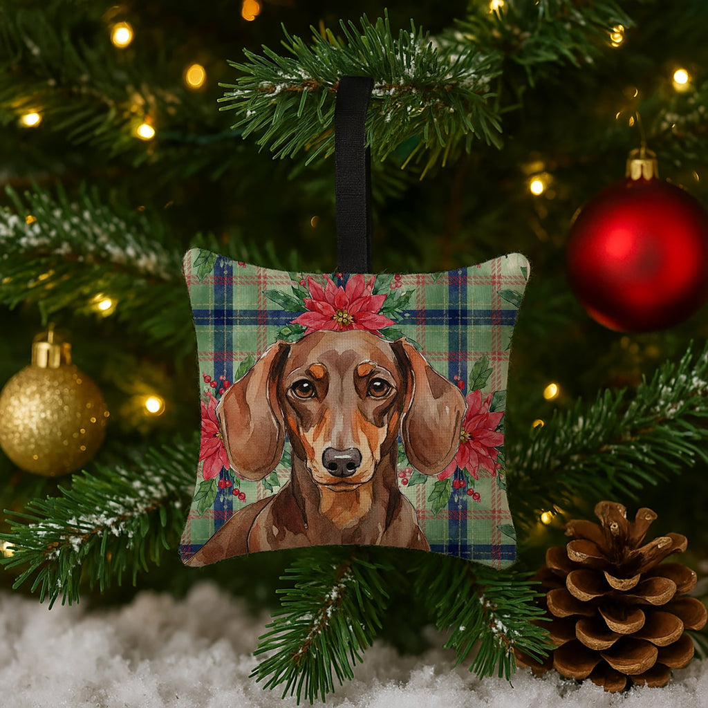 Chocolate and Tan Dachshund Christmas PoinsettIas Hanging Square Fabric Ornament 3.5 � 3.5 Decorative Door-Knob & Tree Hanger, Soft Fabric