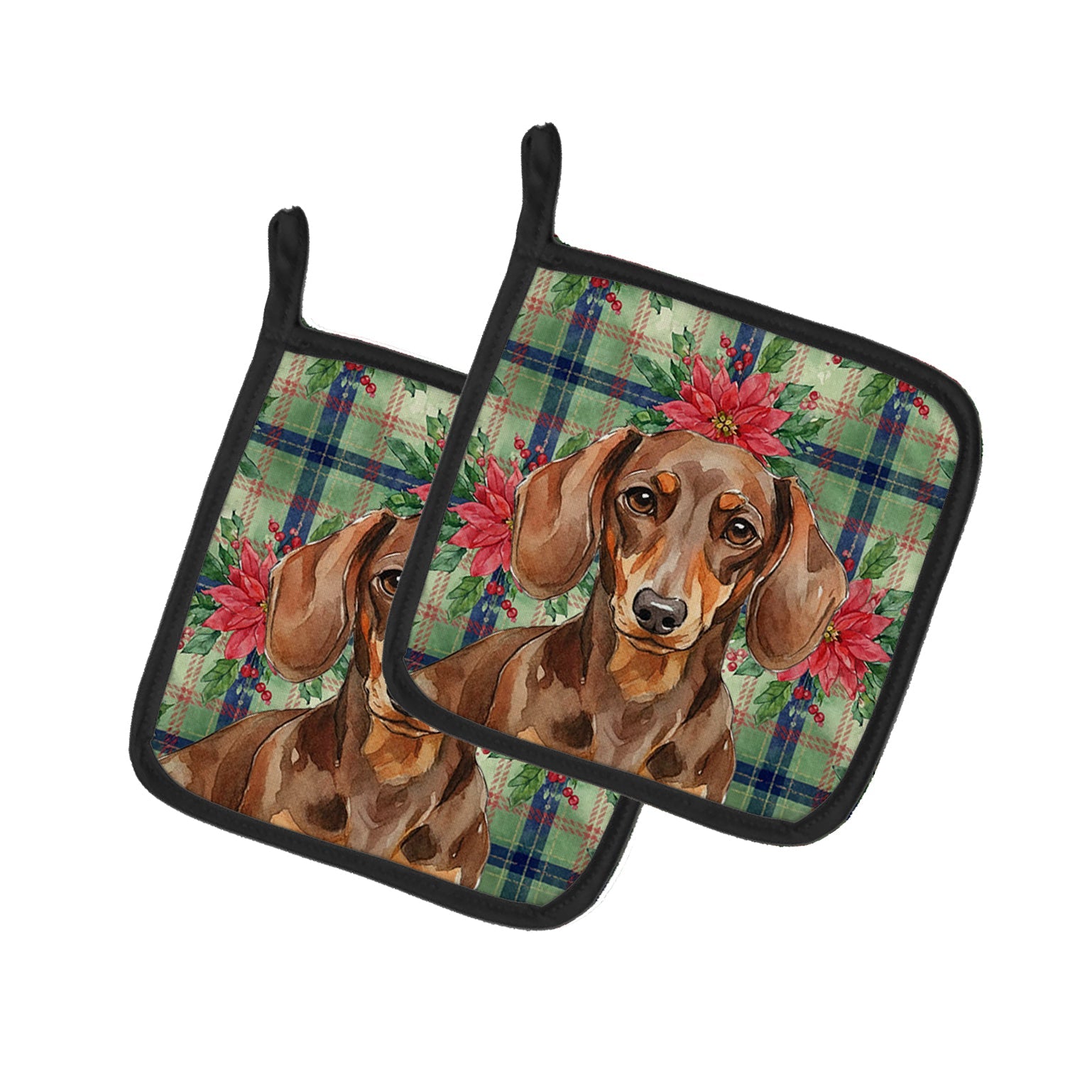 Chocolate and Tan Dachshund Christmas PoinsettIas Pot Holder Set of 2 Heat Resistant Quilted Hot Pads 7.5 x 7.5 Inch, Insulated Kitchen Trivets for Cooking & Baking
