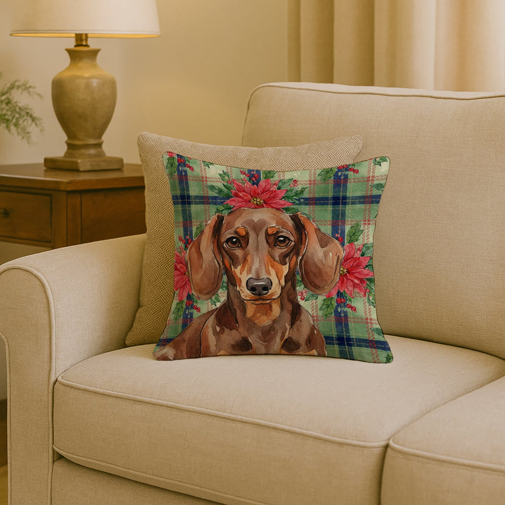 Chocolate and Tan Dachshund Christmas PoinsettIas Decorative Throw Pillow 18x18 Indoor Outdoor Accent Cushion, Fabric Cover with Insert for Sofa, Bed, Porch & Living Room