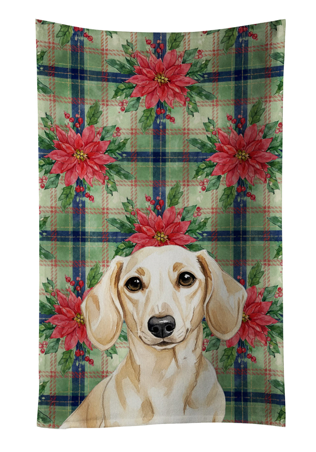 Cream Dachshund Christmas PoinsettIas Kitchen Towel Velour Plush Front and Cotton Loop Back Machine Washable