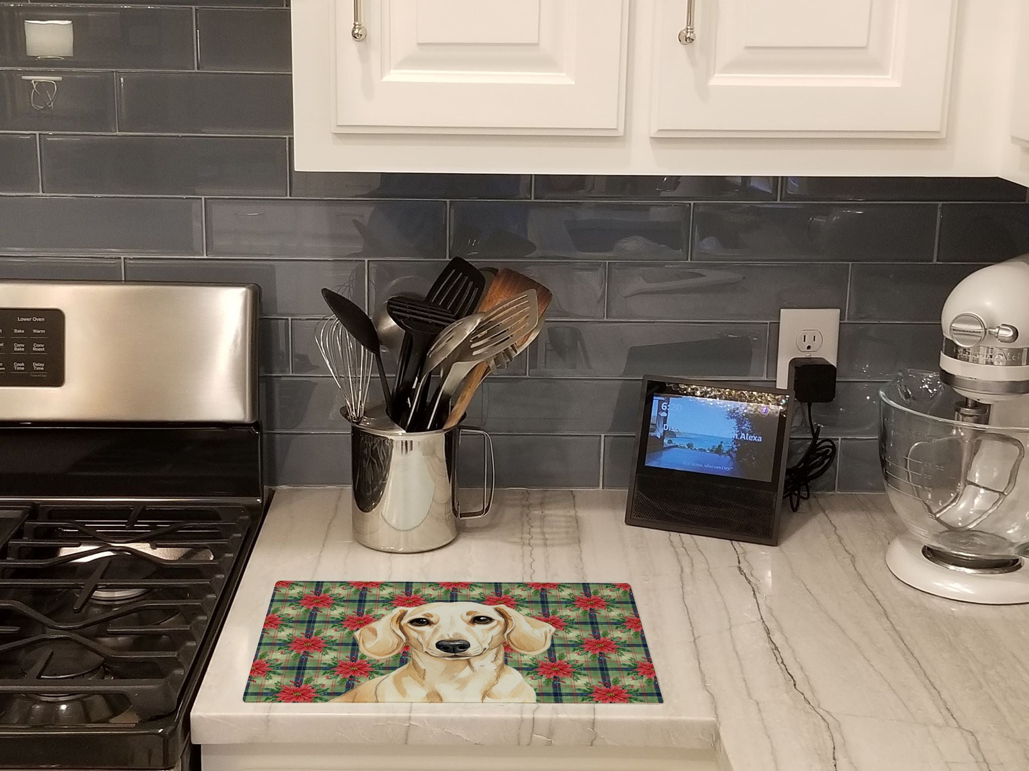 Cream Dachshund Christmas PoinsettIas Cutting Board Tempered Glass Kitchen Cutting Surface, Heat Resistant Chopping, Non-Slip Feet, Food Prep & Serving