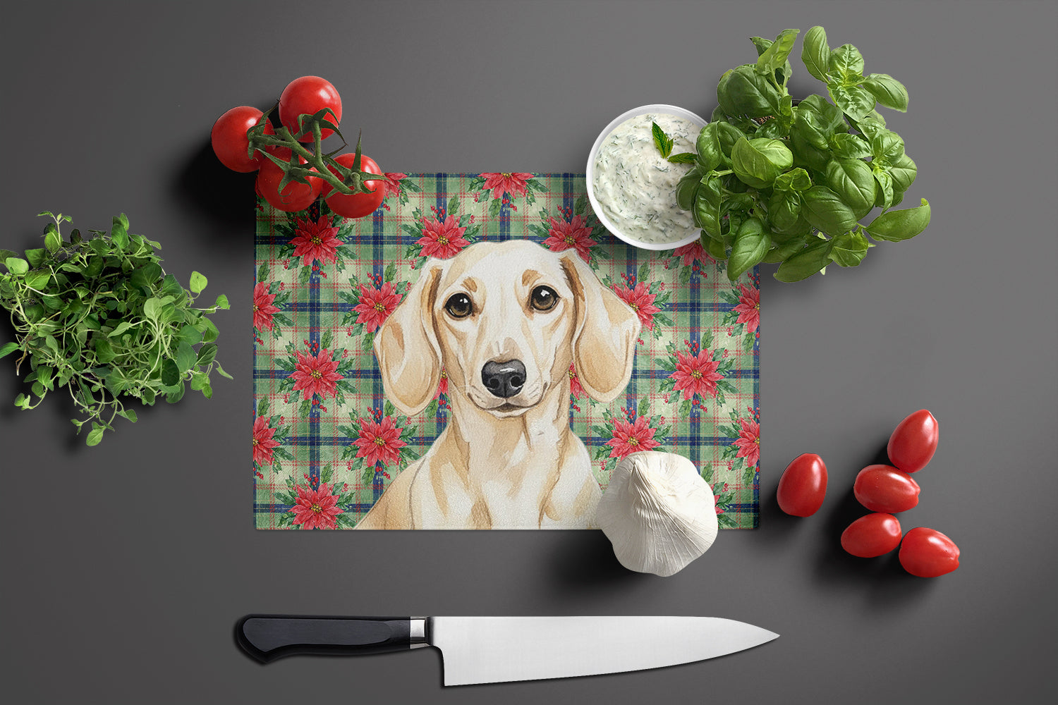 Cream Dachshund Christmas PoinsettIas Cutting Board Tempered Glass Kitchen Cutting Surface, Heat Resistant Chopping, Non-Slip Feet, Food Prep & Serving
